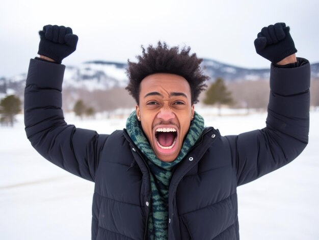 homem afro-americano desfruta do dia de neve de inverno em postura dinâmica emocional brincalhona