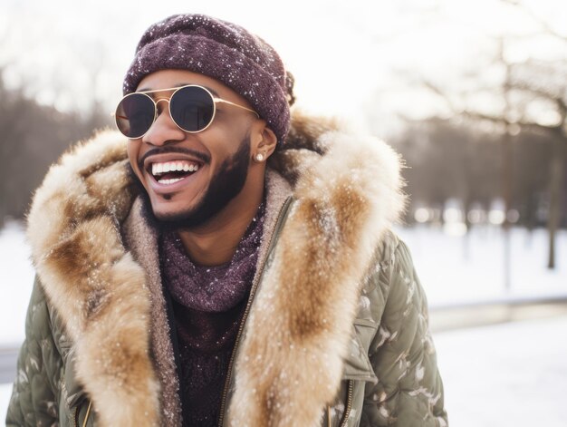 homem afro-americano desfruta do dia de neve de inverno em postura dinâmica emocional brincalhona