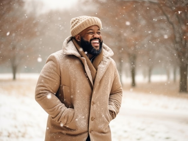 homem afro-americano desfruta do dia de neve de inverno em postura dinâmica emocional brincalhona