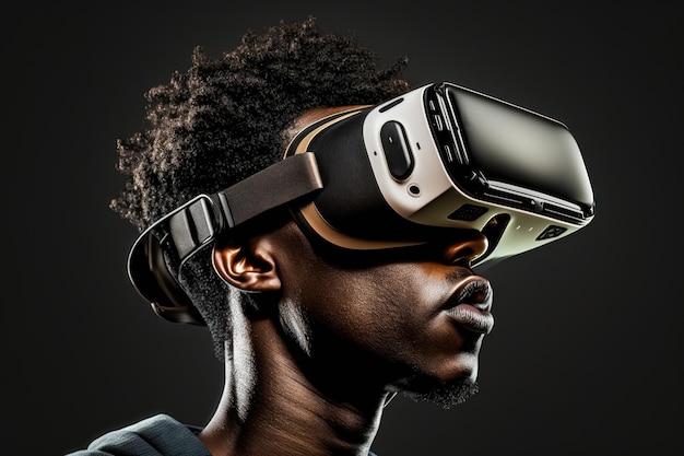 Homem afro-americano em óculos vr com fone de ouvido de realidade virtual isolado na geração de IA de fundo preto