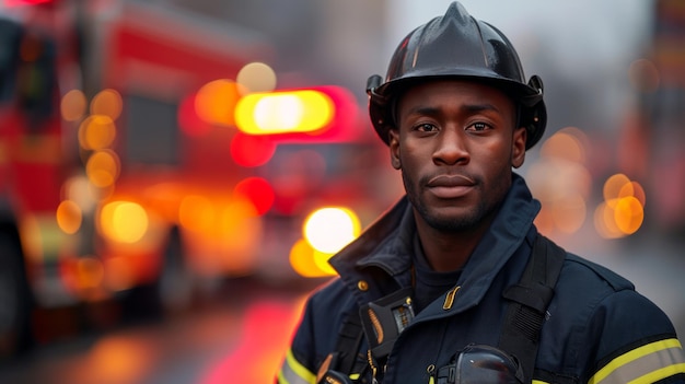 homem afro-americano em uniforme de bombeiro de pé perto de um caminhão de bombeiros borrado com espaço de cópia