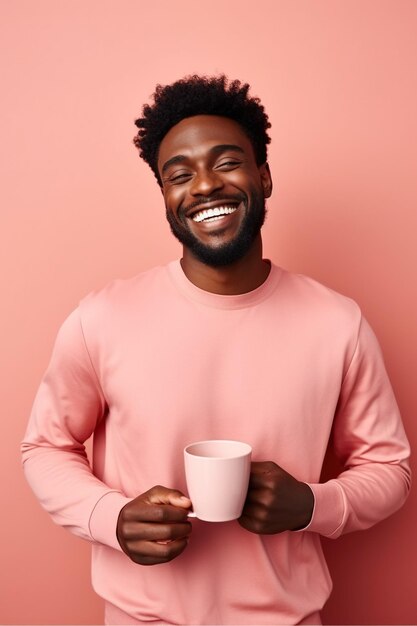 Homem afro-americano feliz com uma chávena de café em fundo rosa