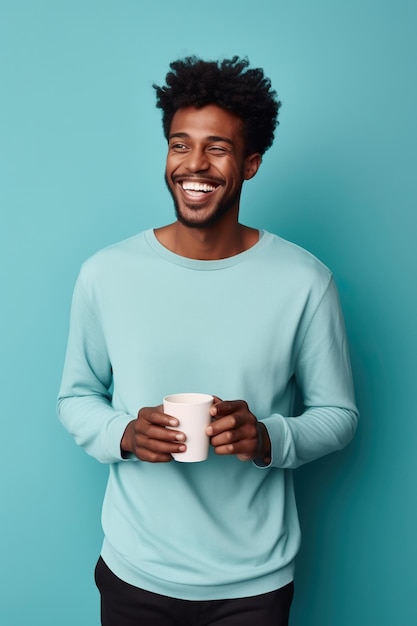Foto homem afro-americano feliz com uma xícara de café em fundo azul
