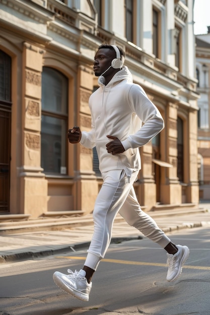 Homem afro-americano focado a correr com fones de ouvido na natureza.