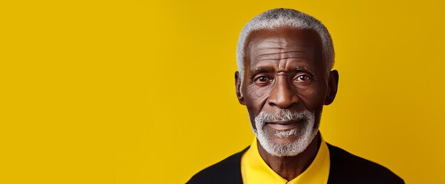 Homem afro-americano idoso bonito e elegante em um espaço de cópia de close-up de banner de fundo amarelo