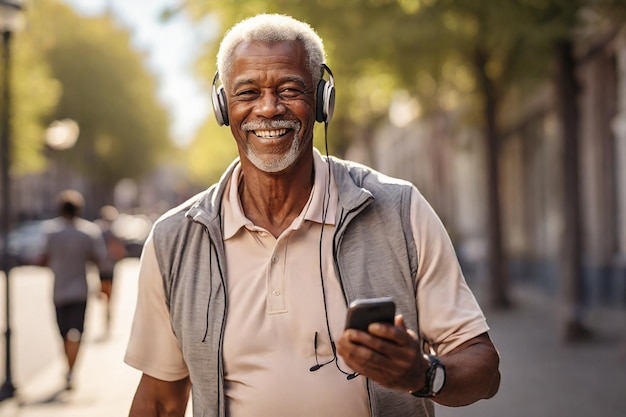 Homem afro-americano idoso usando fones de ouvido usando smartphone em uma rua ensolarada