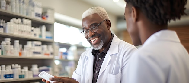 Homem afro-americano maduro comprando remédios de farmacêutico em diversas farmácias