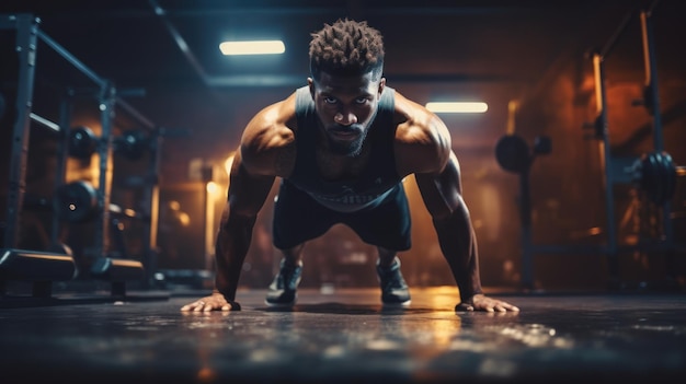 Homem afro-americano musculoso a fazer flexões no ginásio IA generativa