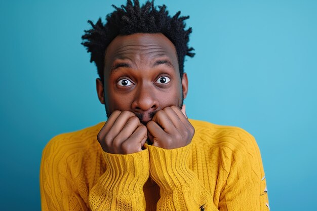 Homem afro-americano nervoso e mordendo as unhas no estúdio com oops reação a fofocas em fundo azul erro desculpa notícias falsas drama ou segredo com arrependimento vergonha ou estranho