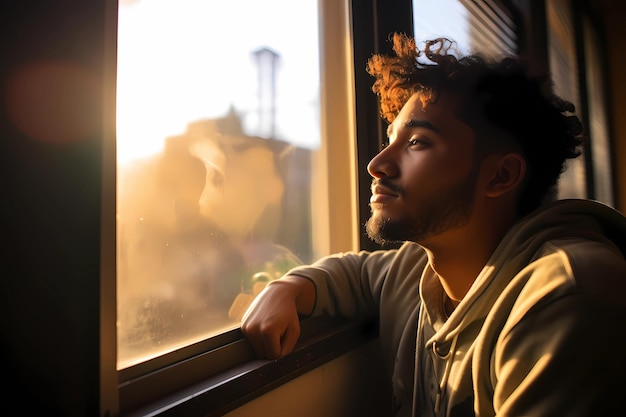 Foto homem afro-americano olha pela janela