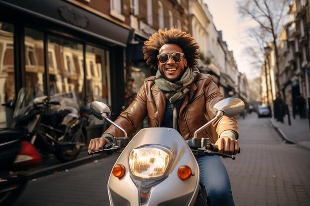 Foto homem afro-americano sorrindo enquanto anda em uma scooter elétrica na cidade