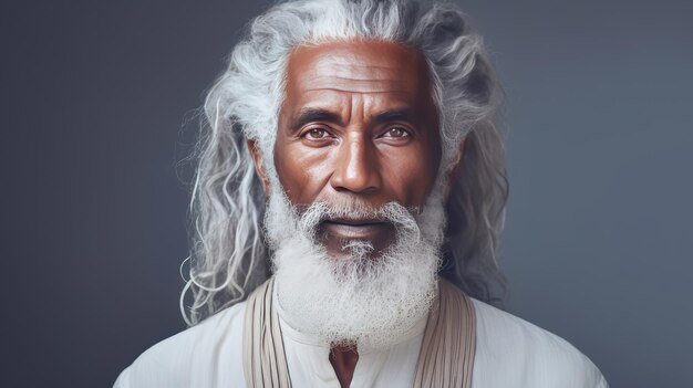 Homem afro-americano velho e bonito com cabelos longos e dreadlocks em uma bandeira de fundo cinza