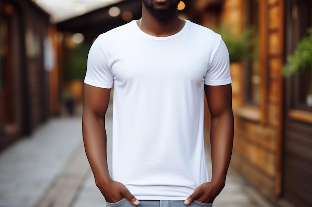 Foto homem afro de pele escura com barba no quintal de sua casa vestindo uma camiseta branca simples.