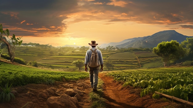 Homem agricultor andando sobre plantação na fazenda