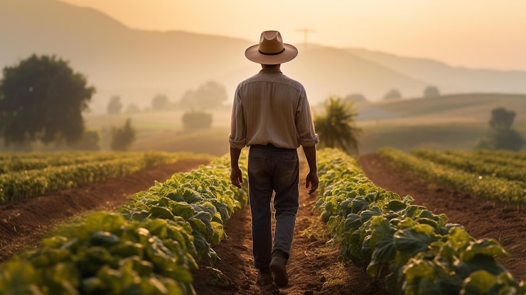 Foto homem agricultor andando sobre plantação na fazenda