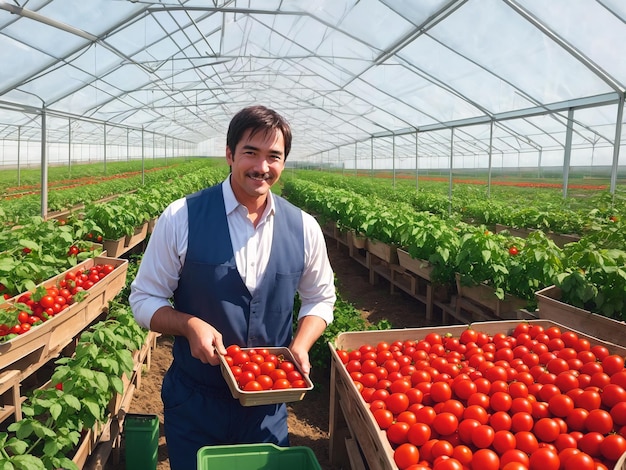 Homem agricultor com colheita de recipientes de tomate em estufa Conceito de agricultura de horticultura e produtos orgânicos Generative AI