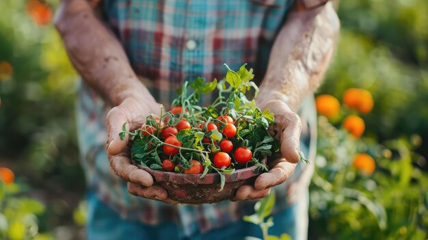 Homem agricultor com legumes caseiros em suas mãos foco seletivo natureza