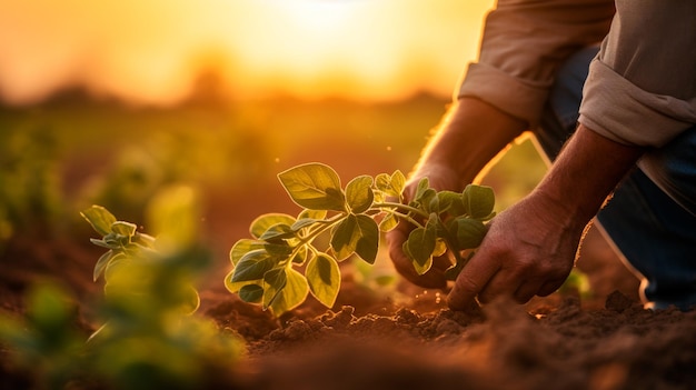 homem agricultor de mãos dadas com planta verde na hora do pôr do sol agricultura jardinagem e conceito de agricultura Generative AI