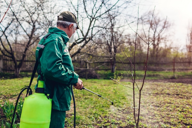 Homem agricultor pulverizando árvore com pulverizador manual de pesticidas contra insetos no jardim primavera