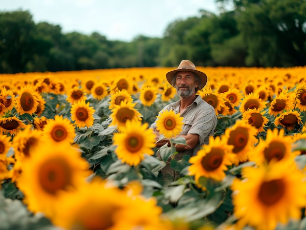 Homem agrônomo com um chapéu de pé no meio de um campo de girassóis em flor gerados por ai