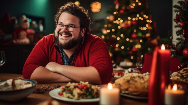 Foto homem alegre com cabelos grisalhos em uma camisola marrom sentado em uma mesa de jantar de natal com um copo de vinho desfrutando do ambiente aconchegante criado por iluminação suave e decorações de férias