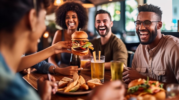 Foto homem alegre comendo hambúrguer e se divertindo enquanto se reúne com amigos em um bar