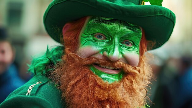 Homem alegre pintado de verde em traje irlandês, festa de São Patrício