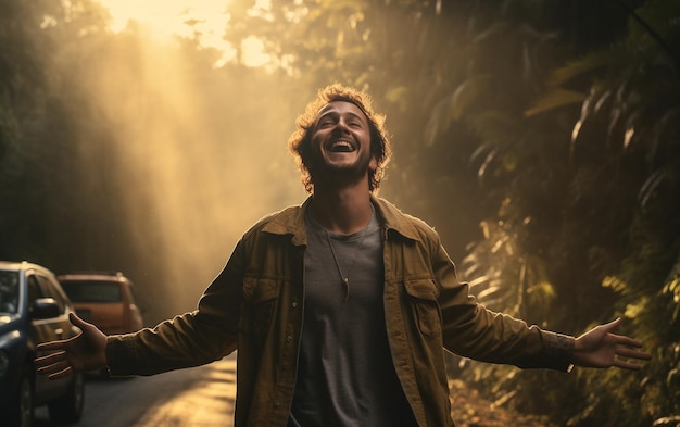 Foto homem alegre posando na estrada em meio a um cenário de árvores