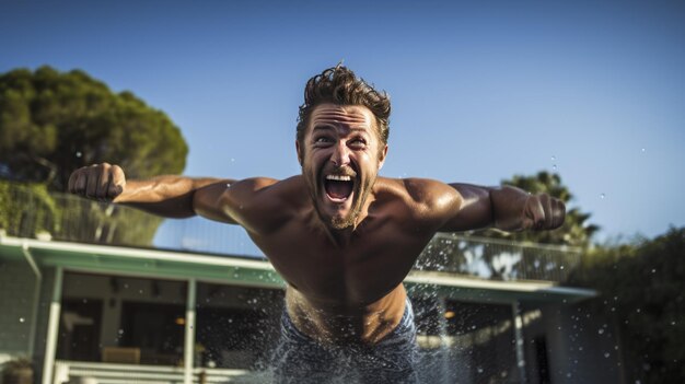 Homem alegre salta para a piscina com muitos salpicos