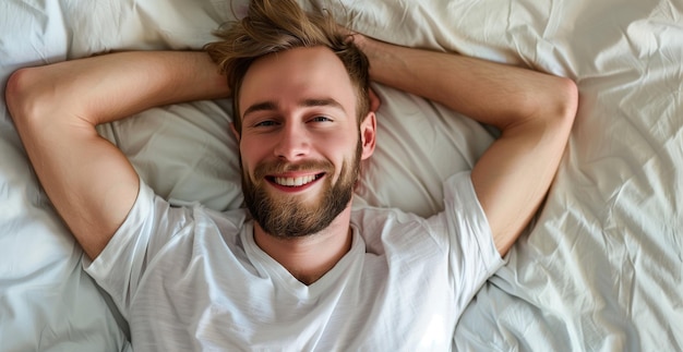 Foto homem alegre sorrindo com os olhos fechados abraçando um momento de alegria