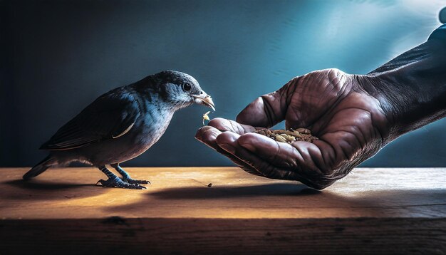 Foto homem alimentando sementes a um pássaro que confia e aprecia