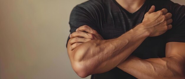 Foto homem alívio de tensão do antebraço em ambientes interiores conceito alívio do estresse técnicas de relaxamento de fitness indoor alívio muscular alívio da tensão alívio