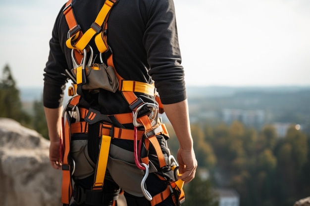 Homem alpinista irreconhecível usando arnês de segurança, verificando equipamento de escalada ao ar livre