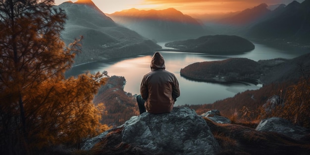 Homem alpinista observando a vista da montanha e do lago na vista traseira do pôr do sol