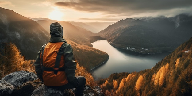 Homem alpinista observando a vista da montanha e do lago na vista traseira do pôr do sol