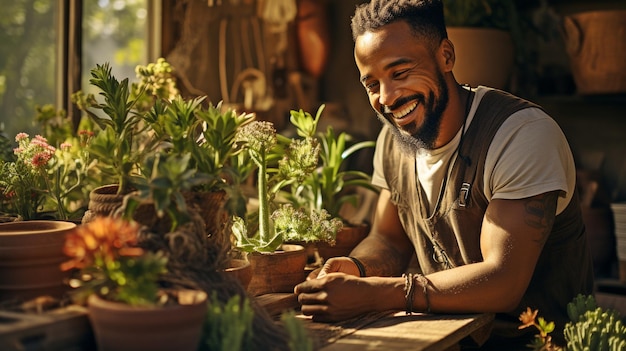 Homem americano africano em retrato utilizando um tablet digital enquanto sentado em uma mesa de madeira cercado por plantas botânicas e sorrindo para a câmera xA