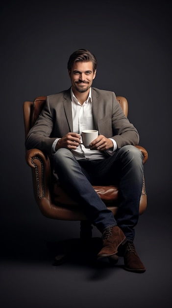 Homem americano em roupas de escritório segurando uma xícara de café sentado na cadeira sorrindo
