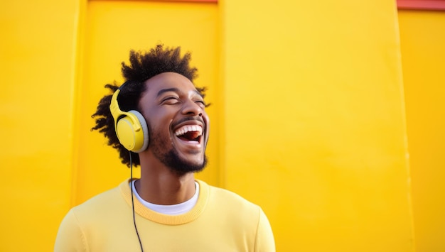 Homem americano moderno e legal ouvindo música em fones de ouvido com smiley