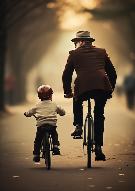 homem andando de bicicleta criança modelos velho jovem bege fedora criativo agradável composição diálogo pai
