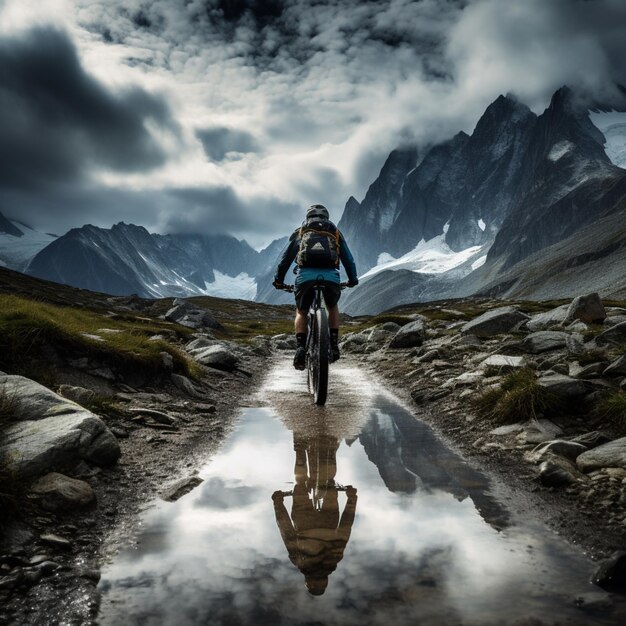 Foto homem andando de bicicleta de montanha elétrica nos alpes foto ai gerou arte