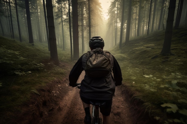 Homem andando de bicicleta nas montanhas da floresta Gerar Ai