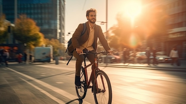 Homem andando de bicicleta pela rua da cidade Dia da Terra