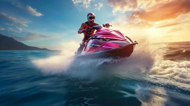 Homem andando de jetski Cores do pôr do sol Generative AI