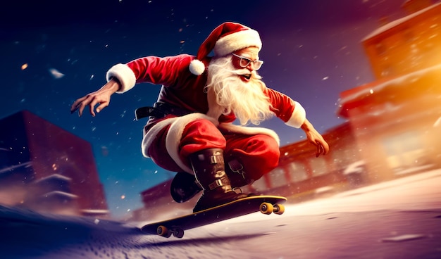 Homem andando de skate por uma encosta coberta de neve vestindo um terno de Papai Noel IA generativa