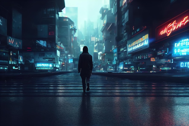 Homem andando em uma cidade cyberpunk Pintura digital 3d renderização ilustração 3D