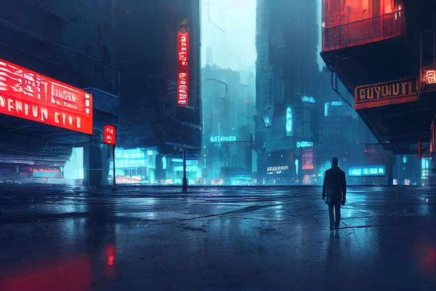 Homem andando em uma cidade cyberpunk Pintura digital 3d renderização ilustração 3D