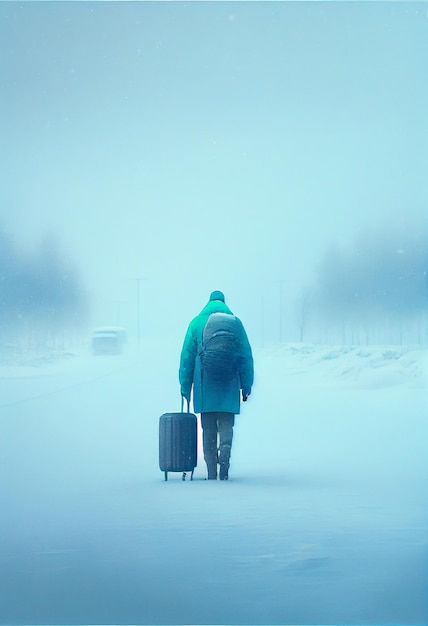Homem andando na neve com duas malas generativas ai