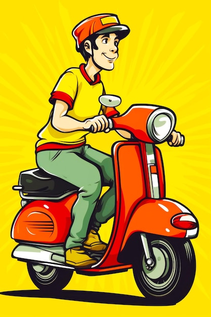 Homem andando na parte de trás da scooter vermelha em fundo amarelo Generative AI