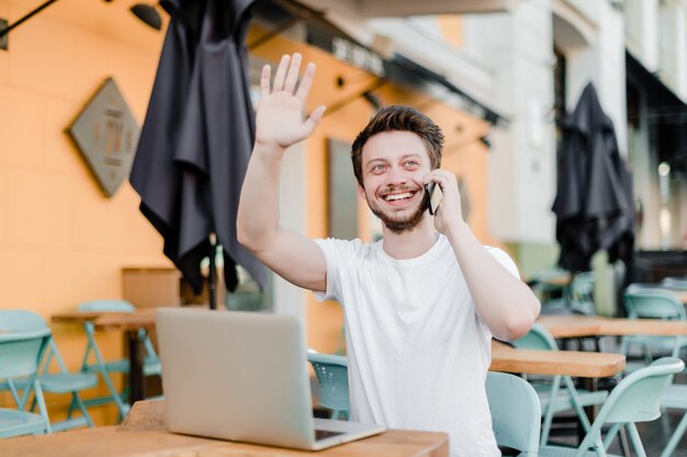 Foto homem, antes de, reunião, conversas, telefone