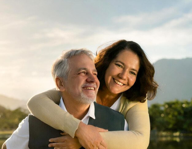 homem ao ar livre casal sênior estilo de vida feliz aposentadoria juntos sorrindo amor piggyback